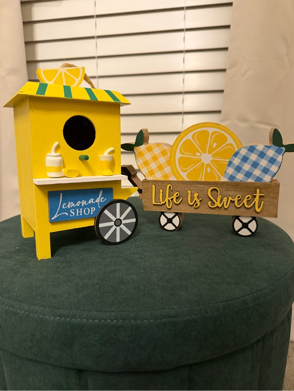 Yellow Wooden Lemonade Shop Birdhouse & Wooden Lemon Wagon 'Life is Sweet' Sign